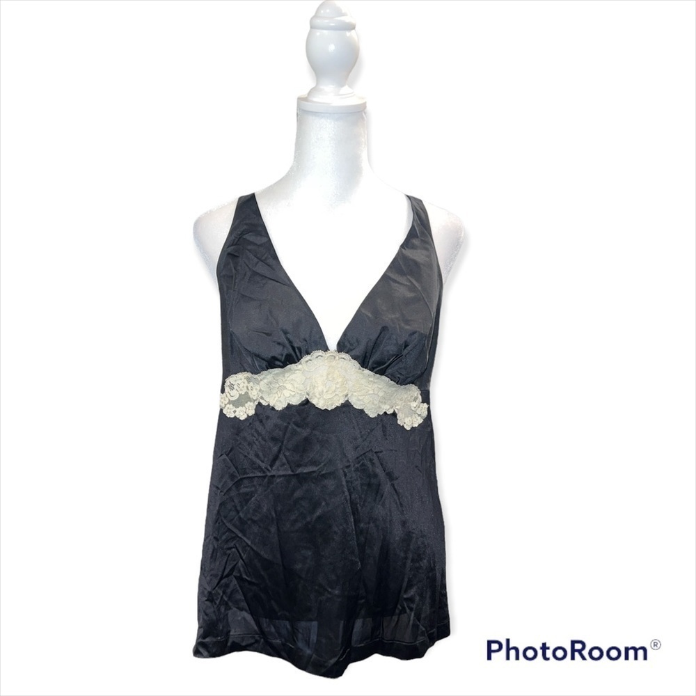 Vintage Vanity Fair Black Antron III Nylon Lace Trim‎ Camisole Slip Top Size 34